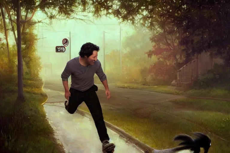 Prompt: paul rudd chasing a skunk late night, an oil painting by ross tran and thomas kincade