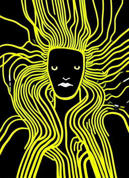 Prompt: highly detailed closeup portrait of wasteland long glowing yellow and white plasma hair tribal lady, stray electric spark wiring by jean jullien, 4 k resolution, gradient yellow, black and white color scheme!!! ( ( dystopian city background ) )