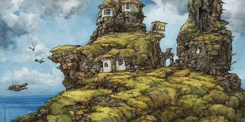 Prompt: Beautiful artwork chilling house in the edge of a cliff detailed painting vegetation trees nature a spaceship can be seen in the sky High Quality by Anton Pieck