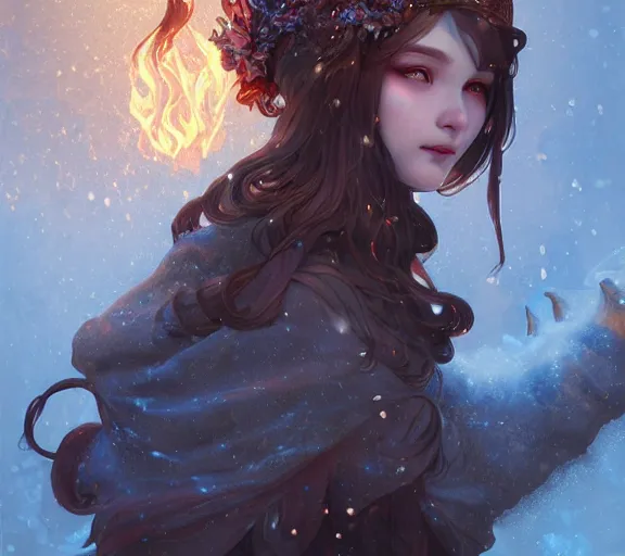 Image similar to beautiful ancient frost witch, fire in eye, snow glow, pool party, highly detailed, digital painting, artstation, sharp focus, illustration, art by tan zi and ayanamikodon and alphonse mucha and wlop!!!