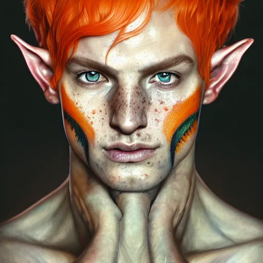 Image similar to portrait painting of an elven eladrin young man with short light orange hair and freckles and tribal tattoos on his cheekbones, ultra realistic, concept art, intricate details, eerie, highly detailed, photorealistic, octane render, 8 k, unreal engine. art by artgerm and greg rutkowski and charlie bowater and magali villeneuve and alphonse mucha