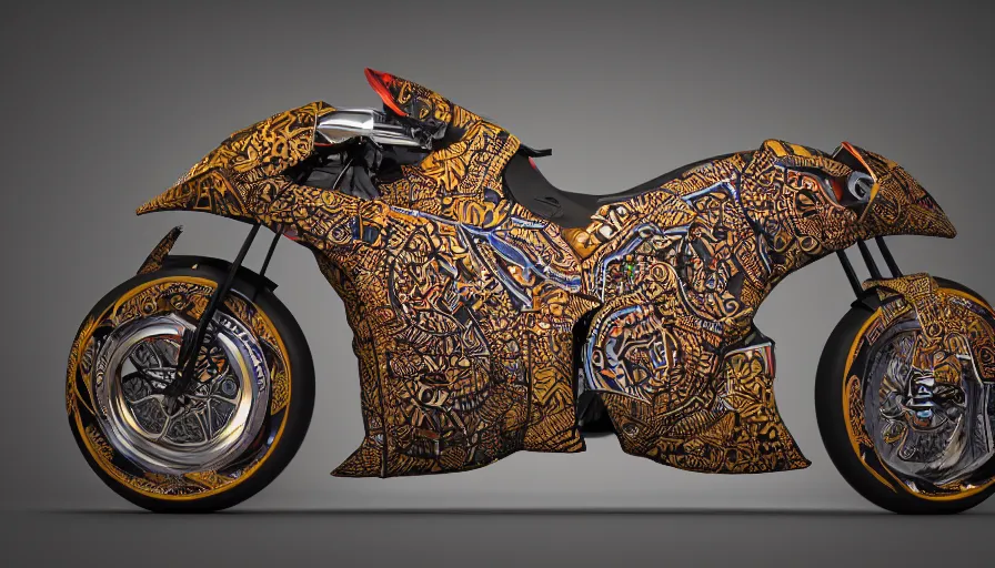 Prompt: a futuristic motorcycle decorated with batik motifs, trending on artstation, cinematic, octane render, ultrarealistic