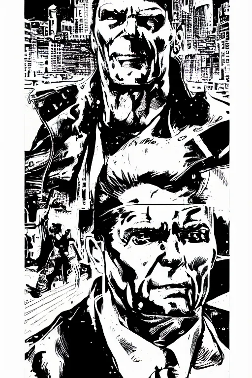 Image similar to ronald reagan, a page from cyberpunk 2 0 2 0, style of paolo parente, style of mike jackson, adam smasher, johnny silverhand, 1 9 9 0 s comic book style, white background, ink drawing, black and white, colouring pages