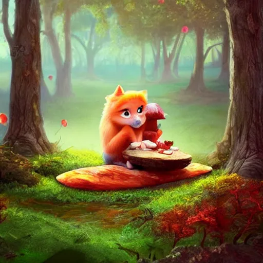 Prompt: beautiful storybook illustration of a cute fury creature eating lunch sitting on a red mushroom in a fantasy forest with old twisted trees, in the style of a Pixar movie, full shot, sharp and fine detailed, photorealistic, digital art, trending on Artstation, cinematic volumetric lighting