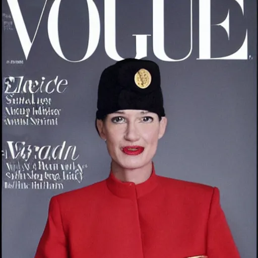 Image similar to Donald Trumpy as a soldier on the cover of the Vogue magazine