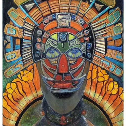 Image similar to head of a beautiful machine shaman wearing a mask made of enamelled flowers, by annie swynnerton and jean delville and john watkiss and rufino tamayo and diego rivera, art deco shaman, stylized geometric flowers, art brut, symbolist, dramatic lighting, god rays, clean crisp graphics, smooth sharp focus, extremely detailed, adolf wolfli