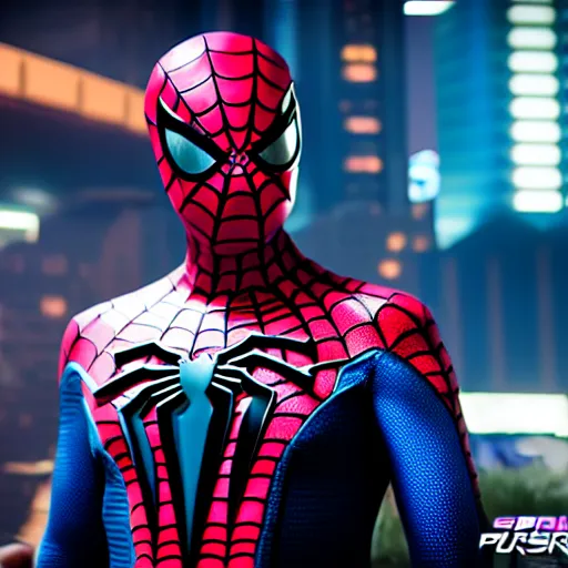 Prompt: futuristic spiderman ps 4 suit in cyberpunk 2 0 7 7, cyberpunk style spiderman, fantasy, d & d, elegant