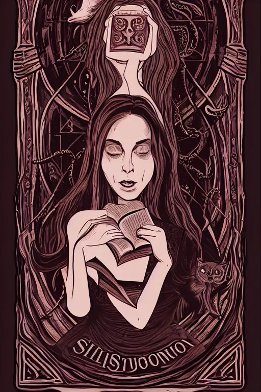 Image similar to silvio berlusconi illustration of romantic girl, her cat and her book of necronomicon, symmetrical, cinematic, sharp focus, 4 k, ultra hd, sense of awe, sinister demonic atmosphere, dreadful, forbidden knowledge, old gods, cthulhu, yog - sothoth! yah, yah, yah! cultist journal cover