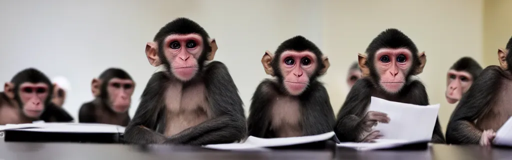 Image similar to monkeys wearing ties as employees in the cubical offices, chaos of papers around