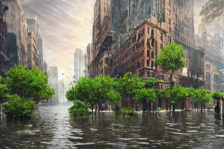 Prompt: a far-future flooded downtown Manhattan, with the buildings covered in moss and vines, and canal streets with gondolas and other boats, sparkling water, beautiful, dynamic lighting, atmospheric, highly detailed, cinematic establishing shot, digital art