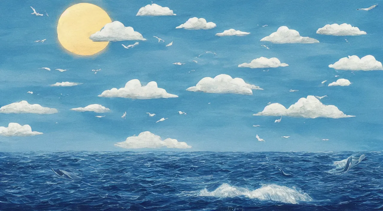 Image similar to ocean in the sky, whales, clouds, moon, water