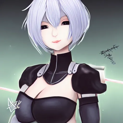 Image similar to 2B from NieR Automata eating a bagel