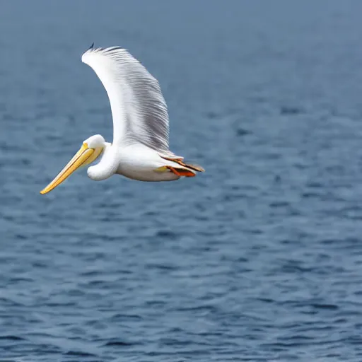 Prompt: awardwinning nature photography portrait of a white pelican in full flight above the ocean as seen from below. extremely highly detailed beak