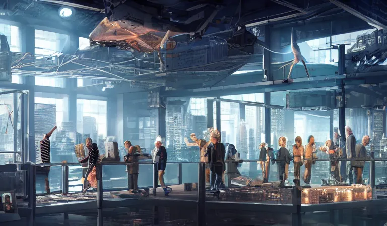 Image similar to group of people in simple warehouse, admiring hologram of futuristic city on a table, cinematic concept art, godrays, golden hour, natural sunlight, 4 k, clear details, tabletop model buildings, center model buildings, hologram center, crane shot, crane shot, crane shot