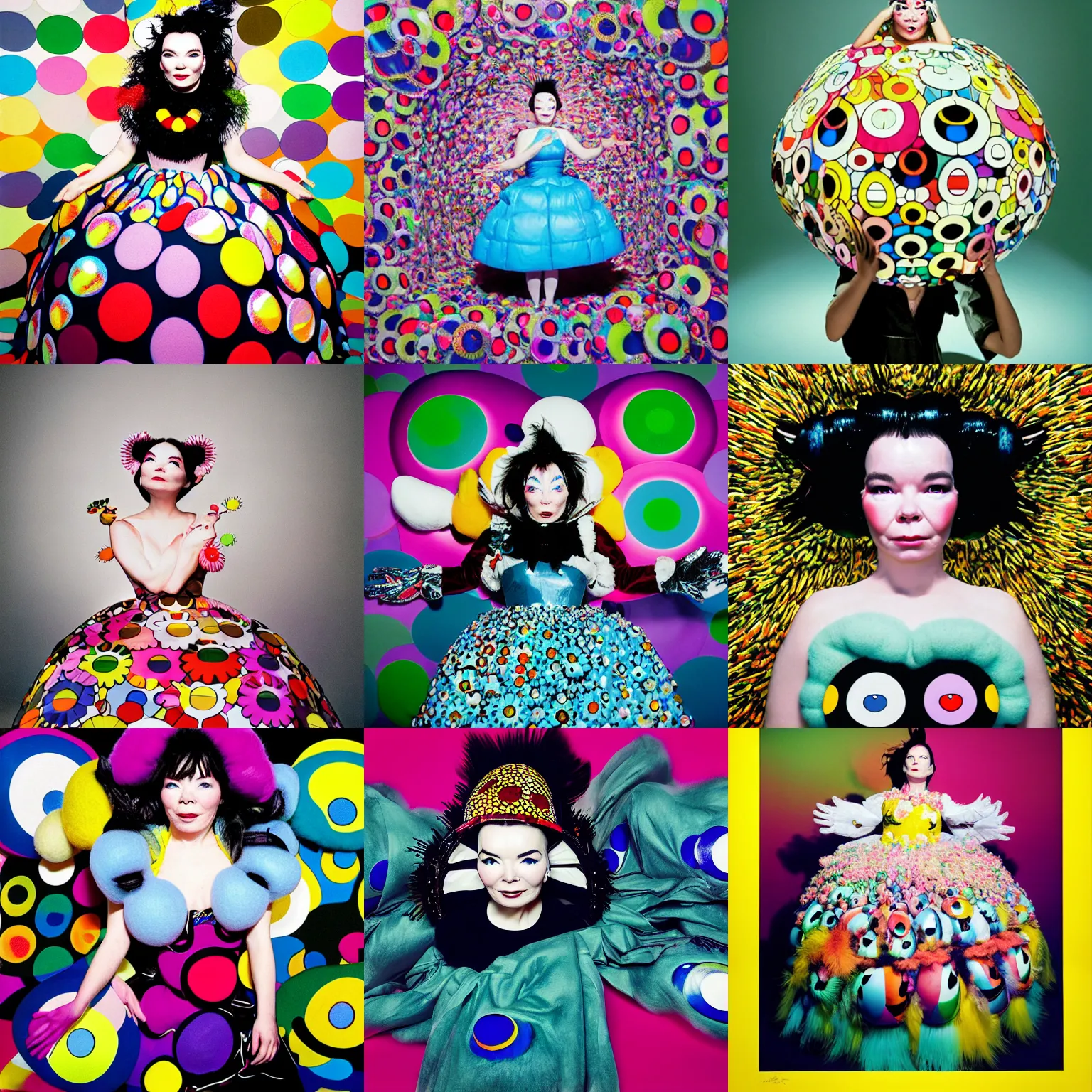 Prompt: professional photo shoot portrait of bjork in the style of takashi murakami superflat, puffy felt dress, fisheye lens, surrealism, 1 9 9 6, three point lighting bjork