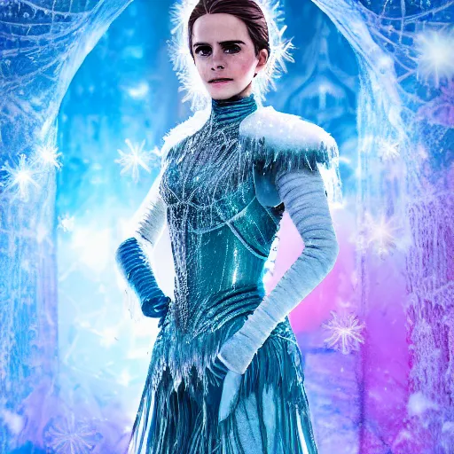 Image similar to portrait shot, emma watson as the queen of ice, ice crystal armor, snow falling, 4 k, digital art, trending on art station, hd, doll, colorful backdrop, film grain, gritty, high res, high detail, 8 k, render