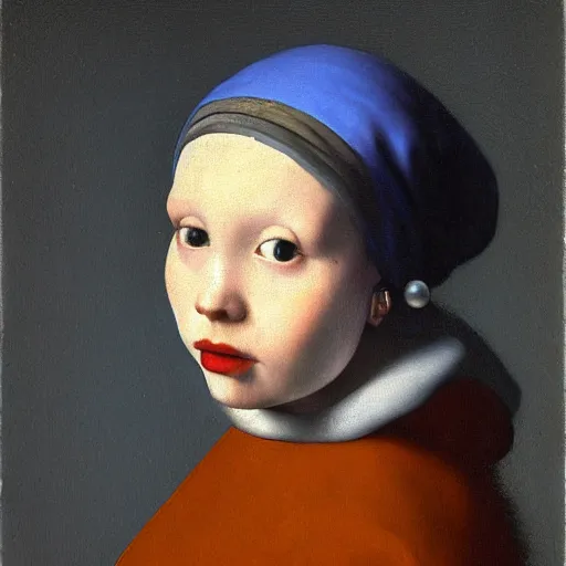 Image similar to girl with the pearl earing , earing is a fruit pear instead by johaness vermeer