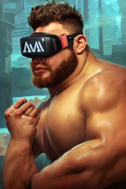 Prompt: painting of a wrestler character wearing vr goggles, shrugging arms, ultra realistic, sharp details, subsurface scattering, intricate details, warm lighting, highly detailed, photorealistic, octane render, 8 k, unreal engine, art by artgerm and greg rutkowski and alphonse mucha