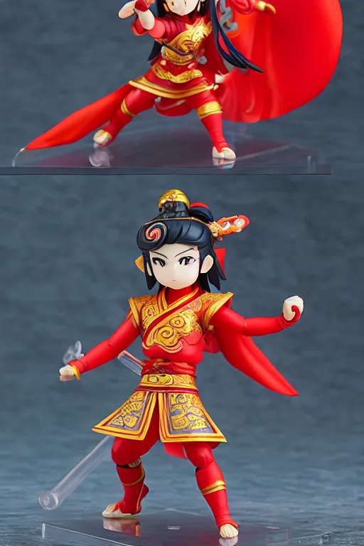 Image similar to arty chinese mythology ne zha nendoroid full body hyperdetalied, hero action pose, osamu tezuka, macoto takahashi, chibi, q posket, 8 k realistic, 3 d, cryengine, exquisite, red cloth around his shoulders, hold spear, ne zha ( 2 0 1 9 ), fenghua zhong,
