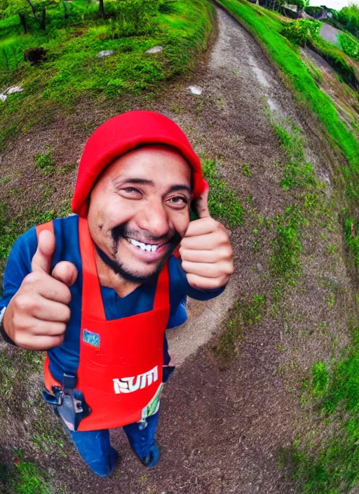 Image similar to kfum worker smiling and giving a thums up out doors. fisheye lens