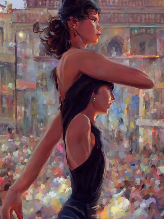 Image similar to an ultradetailed beautiful portrait painting of a cuban girl as a salsa dancer on a spanish plaza, side view, oil painting, high resolution, by ilya kuvshinov, greg rutkowski and makoto shinkai