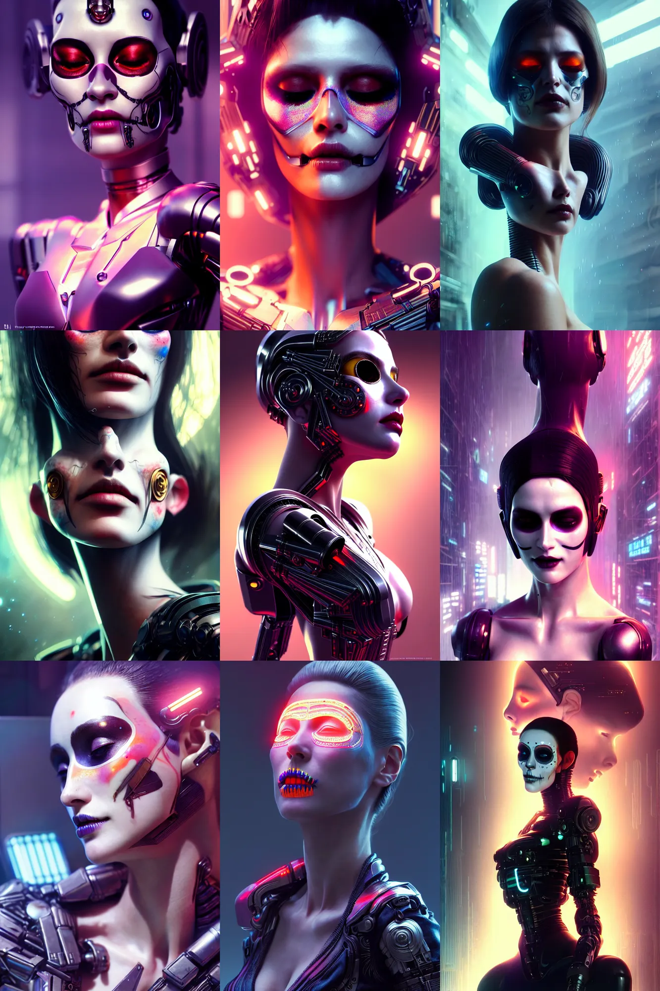 Prompt: beautiful android woman, eyes closed, photorealistic cinematic, 3 d model, cyborg, postcyberpunk, blade runner, octane render, concept art, vogue, 8 k, intricate detailed environment ( ( el dia los muertos ) ). by terry oneill and artgerm and kuciara and mucha