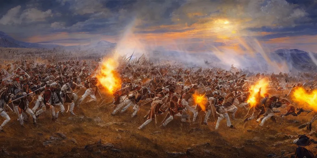 Prompt: zoom in on the battle of little bighorn ( 1 8 7 6 ), majestic sweeping action, cinematic lighting, dramatic lighting, cinematic lighting, hyperdetailed, trending on rendered in ue 5, digital art, oil on canvas, artstation cgsociety, 8 k, 4 k