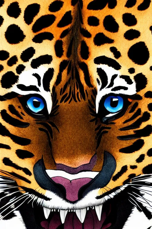 Image similar to 8K UHD tigerpunk leopard panther, long wavy fur, bright eyes, long fangs, medium full shot, colored asian ink drawing, anime, cartoon, Korean folk art