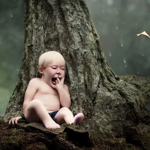 Image similar to Realistic Cute Marshmallow kid crying in the raining forest sitting on a rock, sad, cloudy, rainy, movie shot, studio shot, studio lighting, 8k