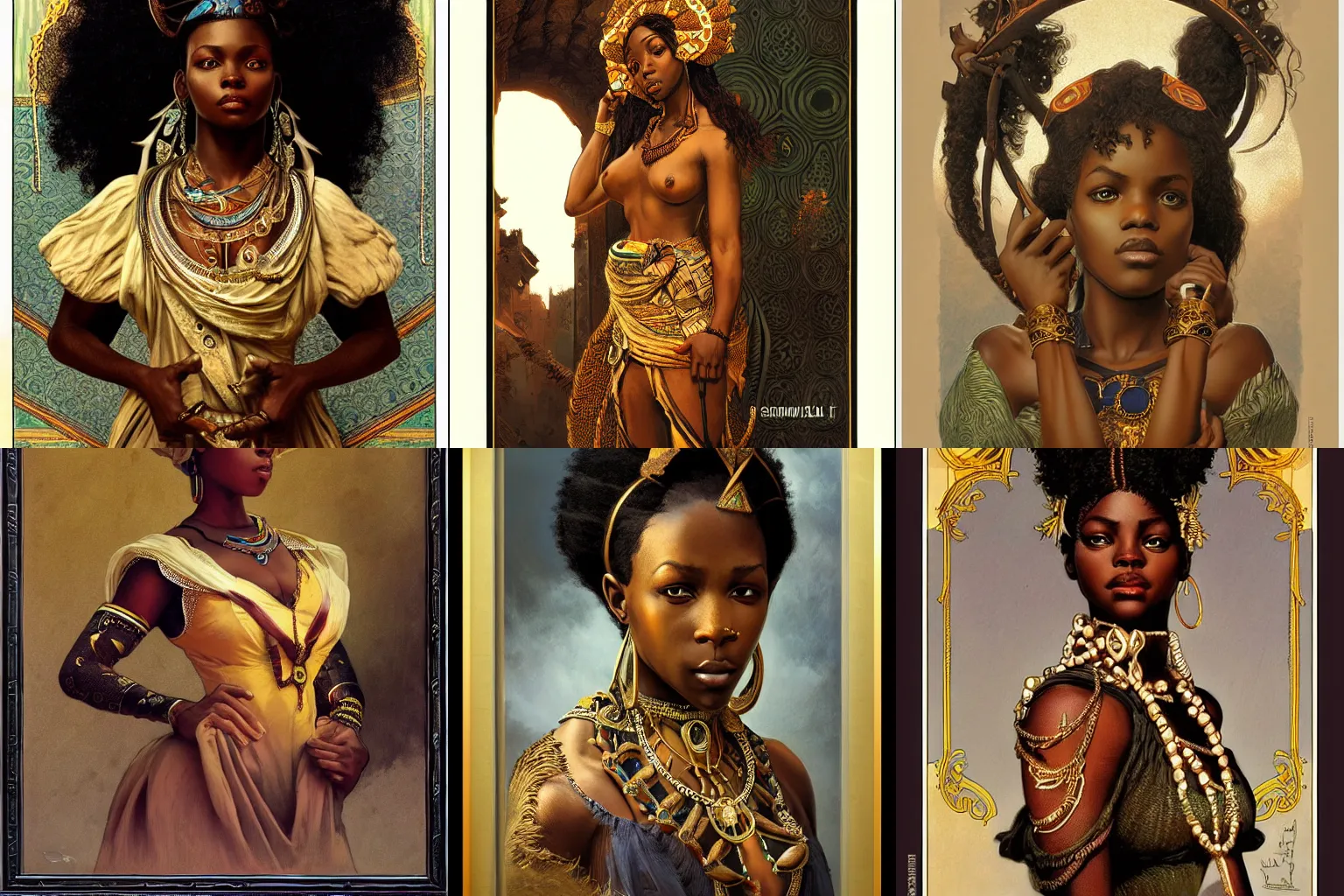 Prompt: black african princess, symmetric, highly detailed, concept art, intricate, sharp focus, illustration, carl spitzweg, rutkowski, artgerm, alphonse mucha