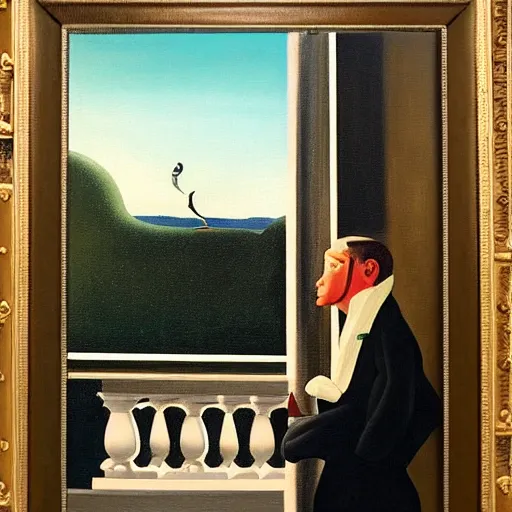 Image similar to a man looking out from the balcony thinking about the person he is in love with. oil canvas in the style of Dali