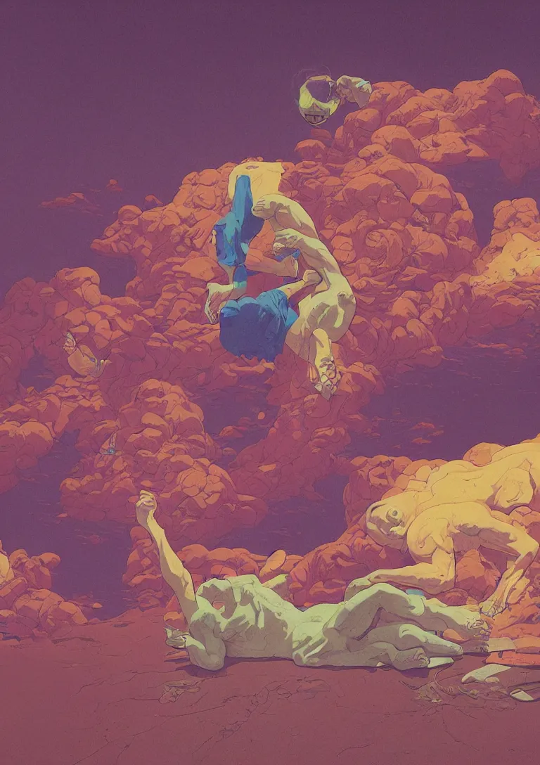 Image similar to man licks a tab of LSD acid on his tongue and experiences psychedelic hallucinations, by kawase hasui, moebius, Edward Hopper and James Gilleard, Zdzislaw Beksinski, Steven Outram colorful flat surreal design, hd, 8k, artstation