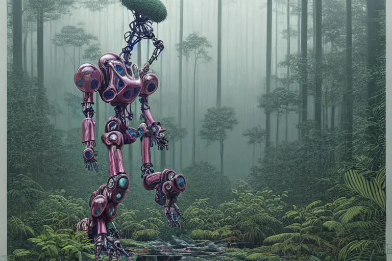 Prompt: lots of glass details, a lot of exotic vegetation, trees, flowers, dull colors, gigantic 6 - hand robot staying in the foggy huge forest covered with web and cotton, long shot by moebius, hyperrealism, intricate detailed, risograph