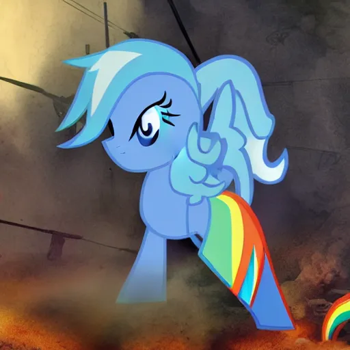 Image similar to authentic world war ii photo of rainbow dash in the trenches