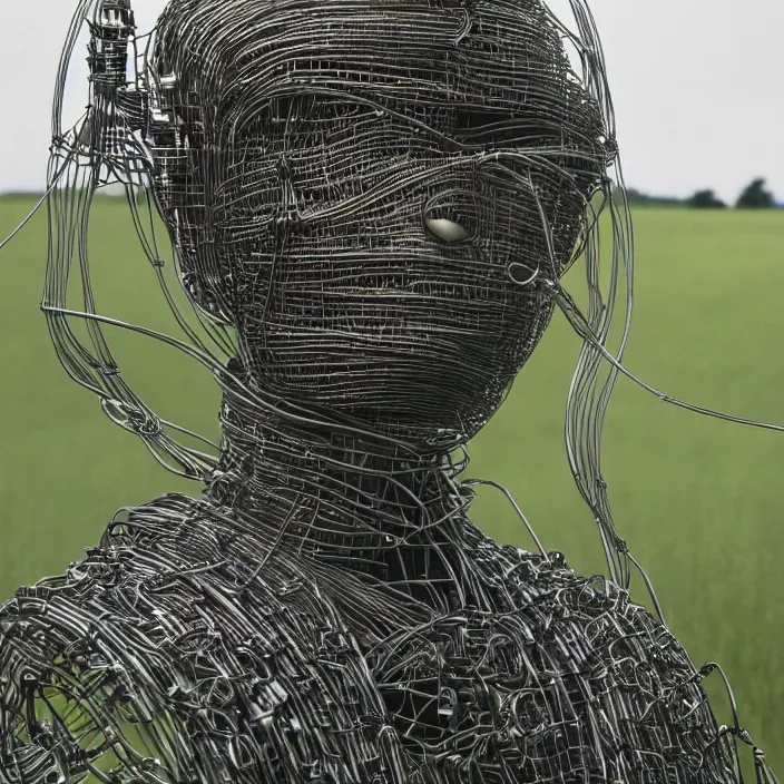 Image similar to closeup portrait of a robot wearing a cloak made of wire and lilies, in an empty field, by Annie Leibovitz and Steve McCurry, natural light, detailed face, CANON Eos C300, ƒ1.8, 35mm, 8K, medium-format print