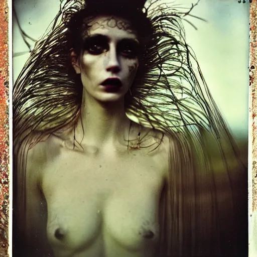 Image similar to kodak portra 4 0 0, wetplate, photo of a surreal artsy dream scene,, weird fashion, in the nature, highly detailed face, very beautiful model, portrait, expressive eyes, extravagant dress, carneval, animal, wtf, photographed by paolo roversi style and julia hetta