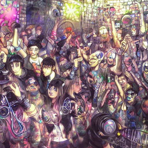 Image similar to boiler room, rave party, by yoshitaka amano
