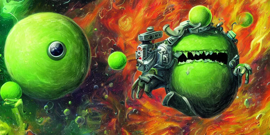 Prompt: a cinematic poster of green tennis ball monsters, in space, digital art, fantasy, magic, chalk, chalked, trending on artstation, ultra detailed, detailed, fine details, professional illustration by basil gogos