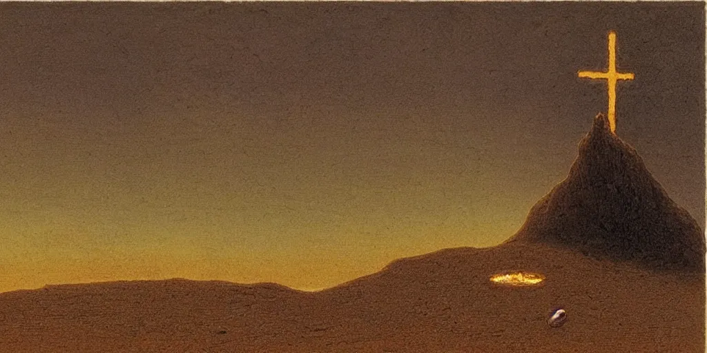 Image similar to A burning cross in the middle of the desert drawn by Caspar David Friedrich, dune, highly detailed