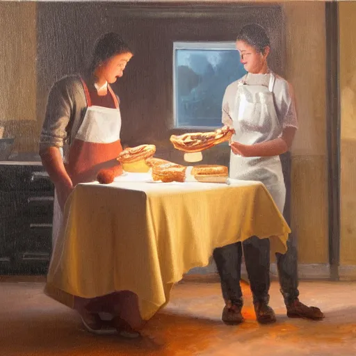 Image similar to oil painting of one young man and one young woman baking waffles in romantic light