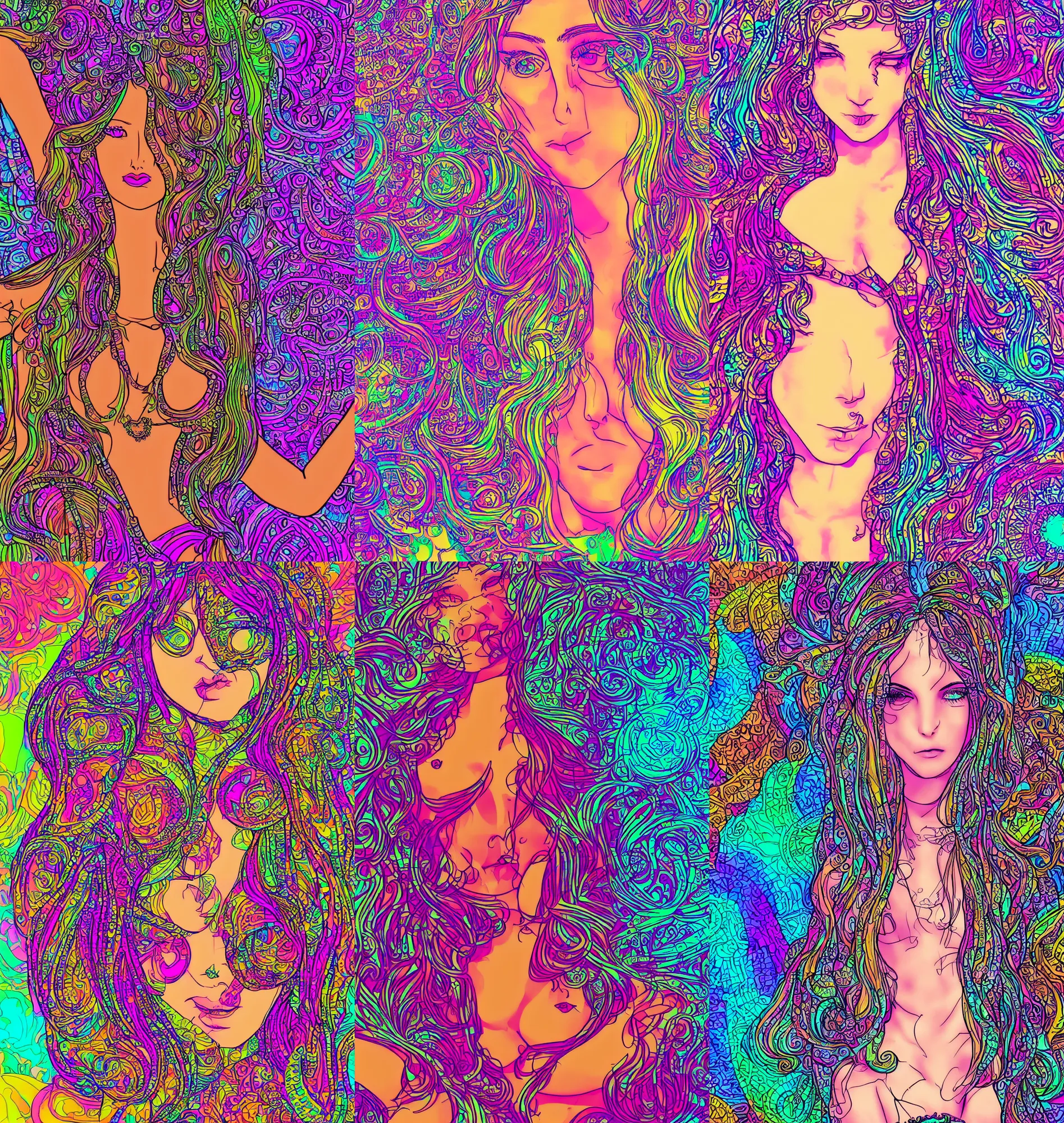 Image similar to beautiful hippie girl illustration, closeup in bikini over psychedelic sacred geometry hallucination