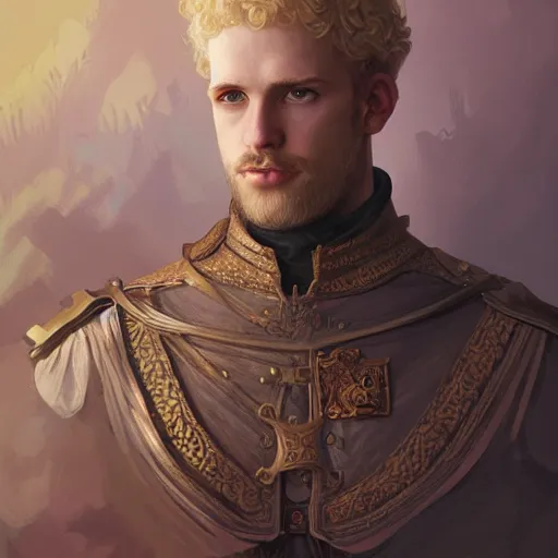 Image similar to blonde curly-haired medieval nobleman, D&D, doublet, painted fantasy character portrait, highly detailed, digital painting, artstation, concept art, sharp focus, illustration, art by artgerm and greg rutkowski and alphonse mucha