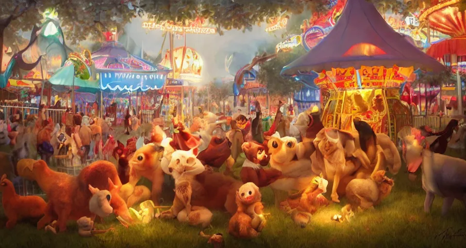 Image similar to animals in clothes at a carnival, beautiful, soft lighting, artstation, storybook, early evening