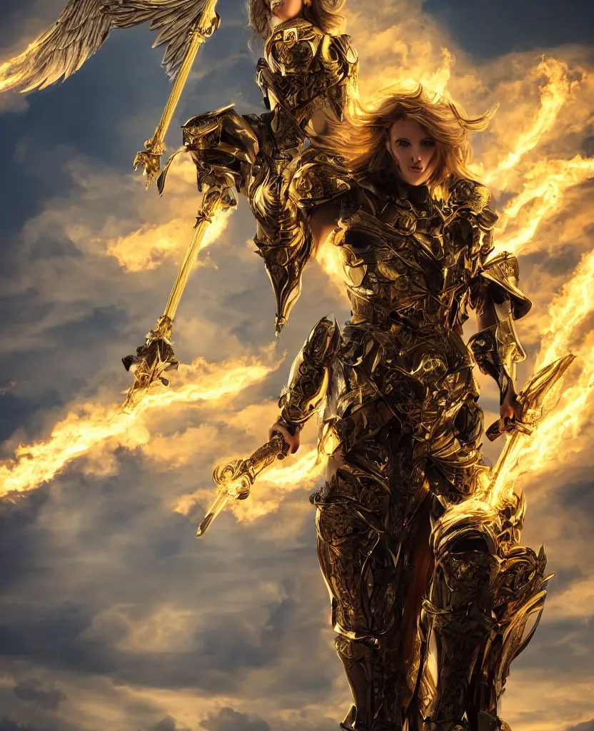 Prompt: Wide shot of a fiercely beautiful woman in golden angelic battle armor and wielding a flaming sword, among the clouds, cinematic, epic, 4k, realism
