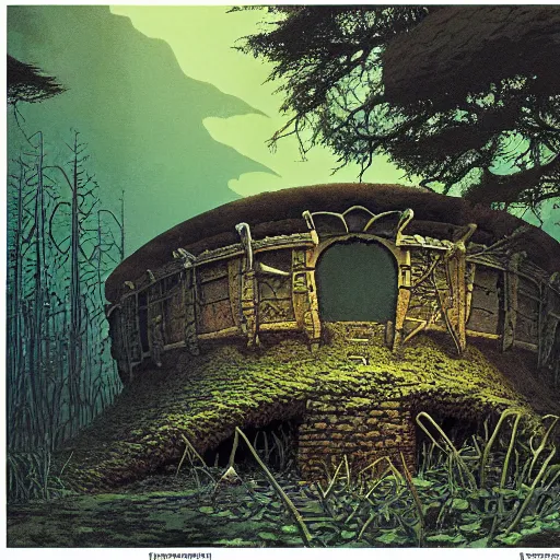 Prompt: pillbox paragonpunk fortress half-sunk in a noxious Swamp, by Colleen Doran and by Angus McBride and by Ted Nasmith, low angle dimetric composition, crannog, 3-point perspective