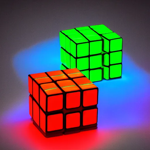 Image similar to digital concept art of a neon 3x3 rubik’s cube, glowing, cubes filled with neon gas, hd, 8k, cinematic lighting, rim lighting, product image