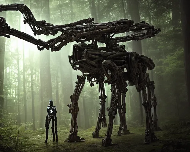 Image similar to photo of starwars general grievous with heavy duty biomechanical hydraulic cybernetic body and 4 arms holding unsheated lightsabers in the forest. cyberpunk horror style. highly detailed 8 k. intricate. nikon d 8 5 0 5 5 mm. award winning photography. art by hr giger