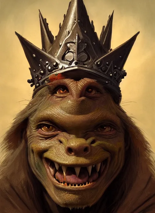 Image similar to highly detailed closeup portrait of a medieval goblin wearing a crown, stephen bliss, unreal engine, greg rutkowski, ilya kuvshinov, ross draws, hyung tae and frank frazetta, tom bagshaw, tom whalen, nicoletta ceccoli, mark ryden, earl norem, global illumination, god rays, detailed and intricate environment