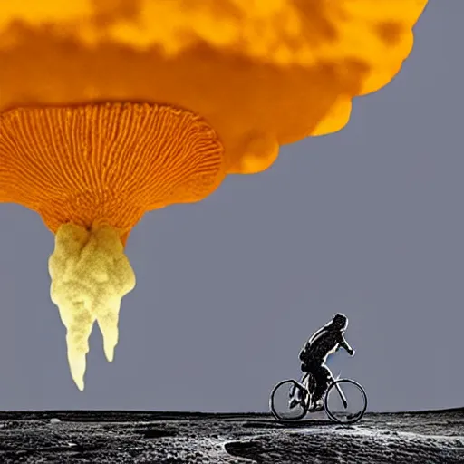 Prompt: a wheel of cheese is cycling fast on a bike on the surface of the moon and drives away from a huge and dangerousmushroom cloud of a nuclear explosion. photorealistic