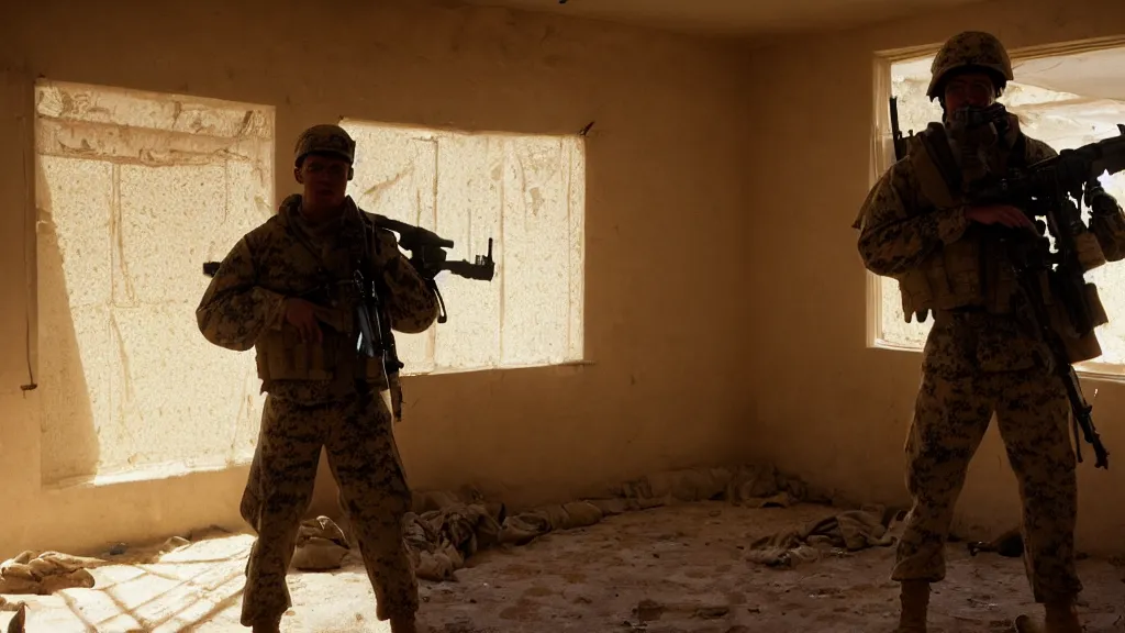 Prompt: film still of a marine soldier with a sniper rifle on his back standing in a dusty room with traditional colorful carpets on the wall in front of a sandy window. moody, grainy, 4 k, high detail, aesthetic, good composition, overdetailed, room cluttered with items, anatomically correct, directed by quentin tarantino,